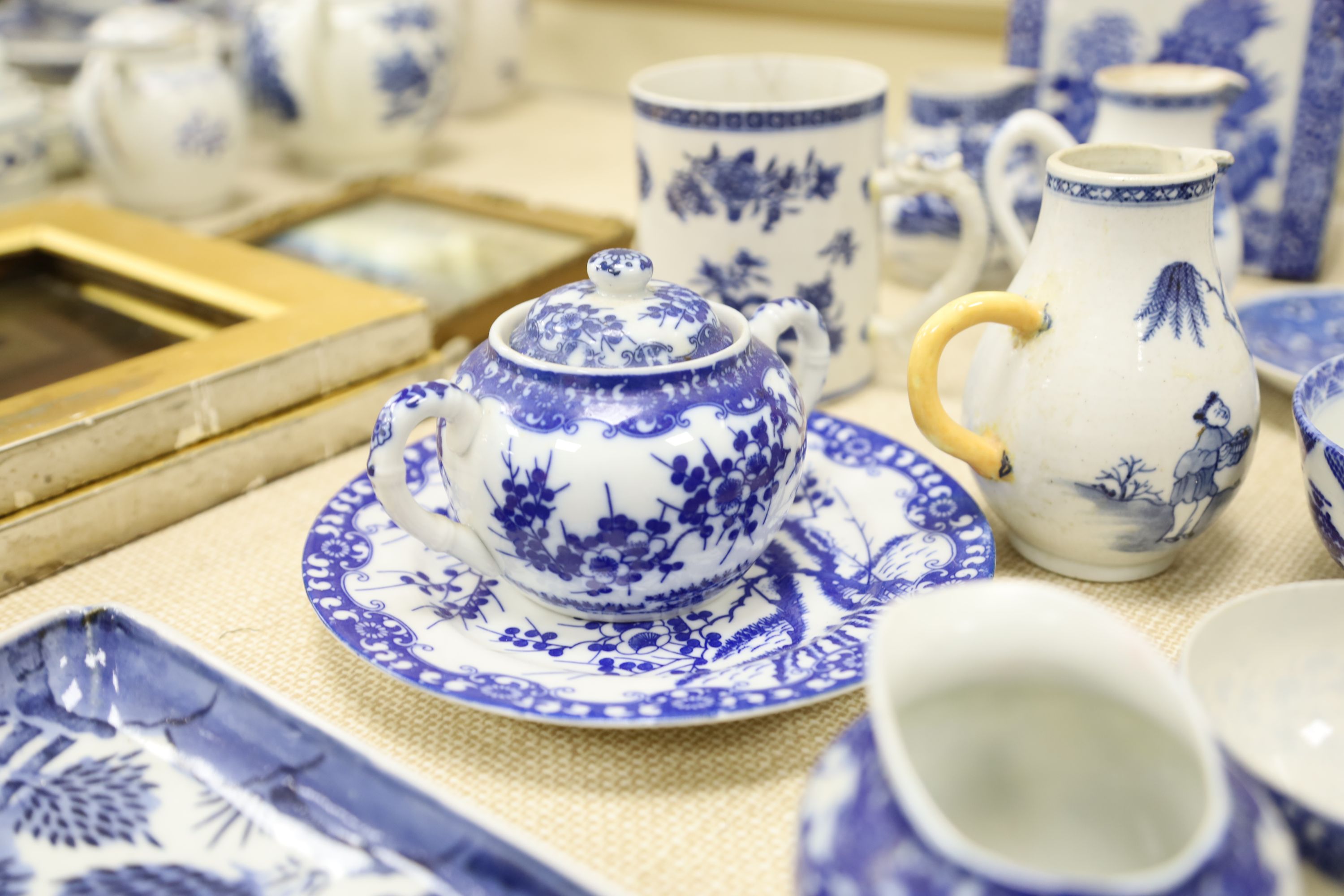 An 18th century Chinese export blue and white mug, 10.5cm, two porcelain pillows and sundry ceramics (a.f.)